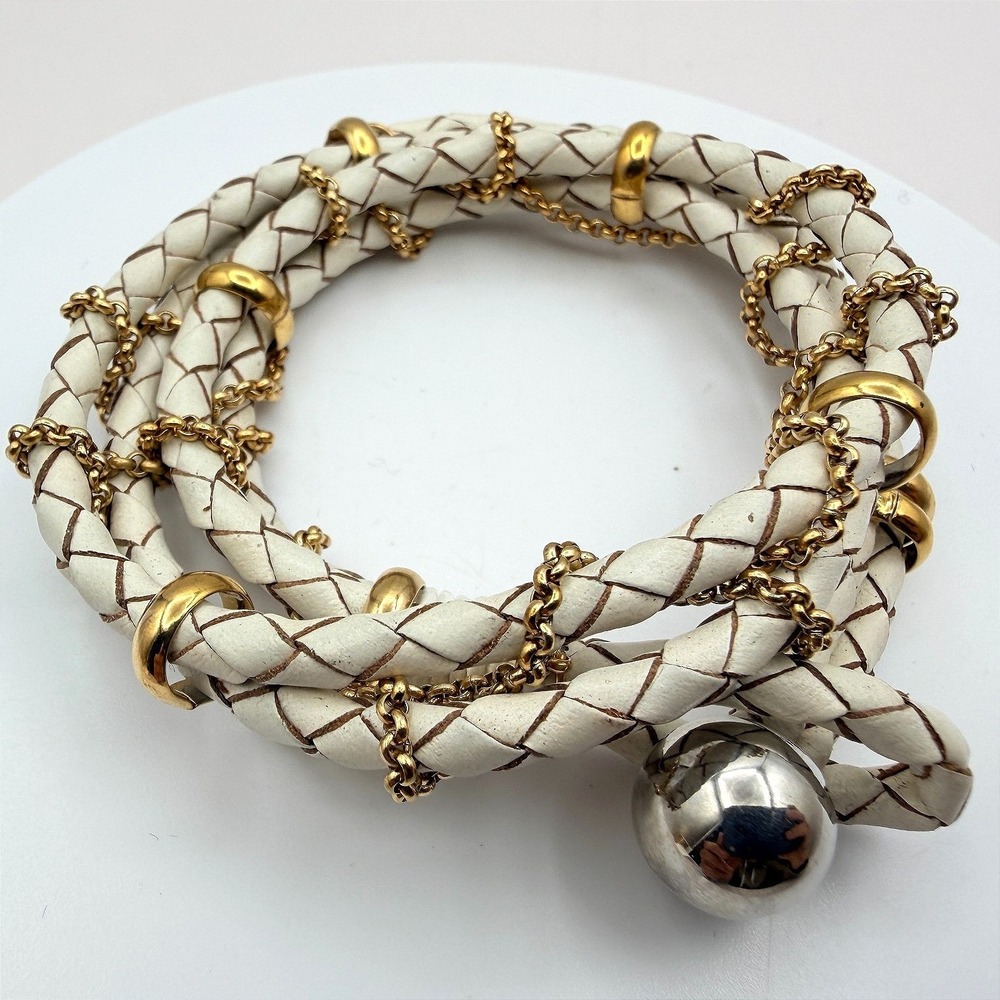 Vintage 90s‎ White Gold Tone Multi Wrap Bracelet Braided Leather Women's Jewelry